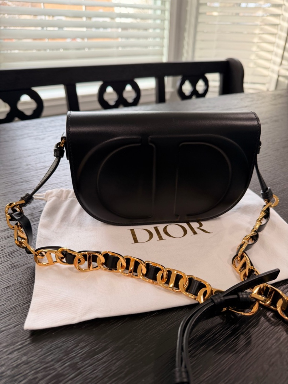 Dior Black Leather Saddle Crossbody with Gold Chain